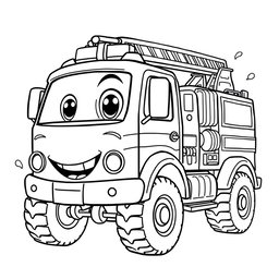 A black and white illustration of a cartoon fire truck, designed for a coloring book
