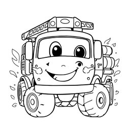 A black and white illustration of a cartoon fire truck, designed for a coloring book
