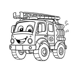 A black and white illustration of a cartoon fire truck, designed for a coloring book