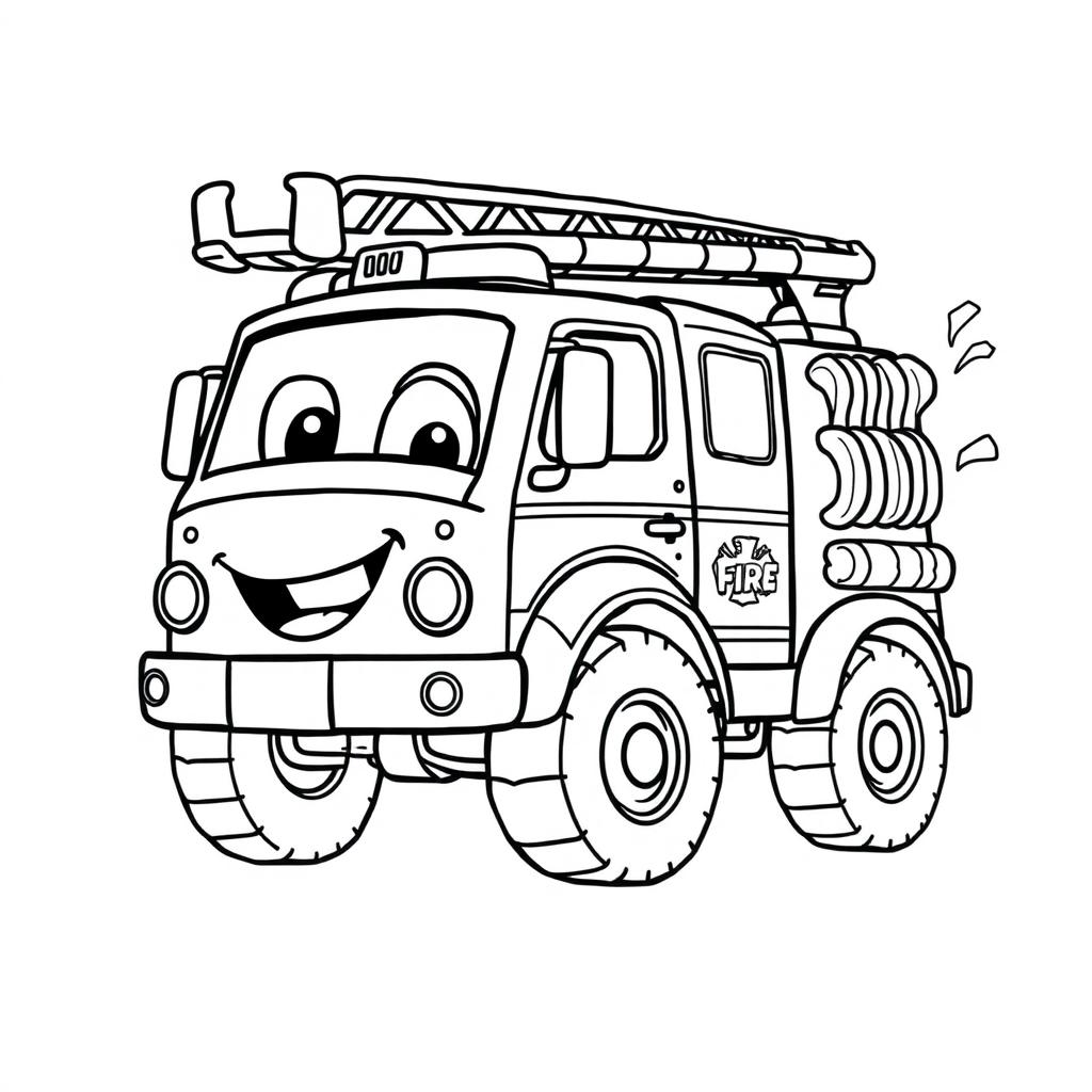 A black and white illustration of a cartoon fire truck, designed for a coloring book
