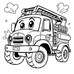 A black and white illustration of a cartoon fire truck, designed for a coloring book