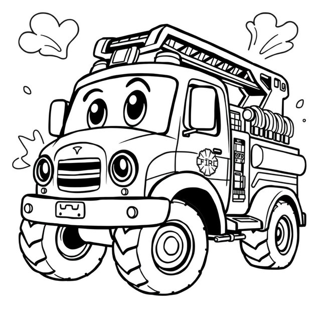 A black and white illustration of a cartoon fire truck, designed for a coloring book