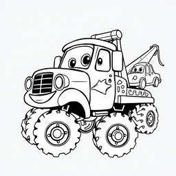 A black and white illustration of a cartoon tow truck, specially designed for a coloring book