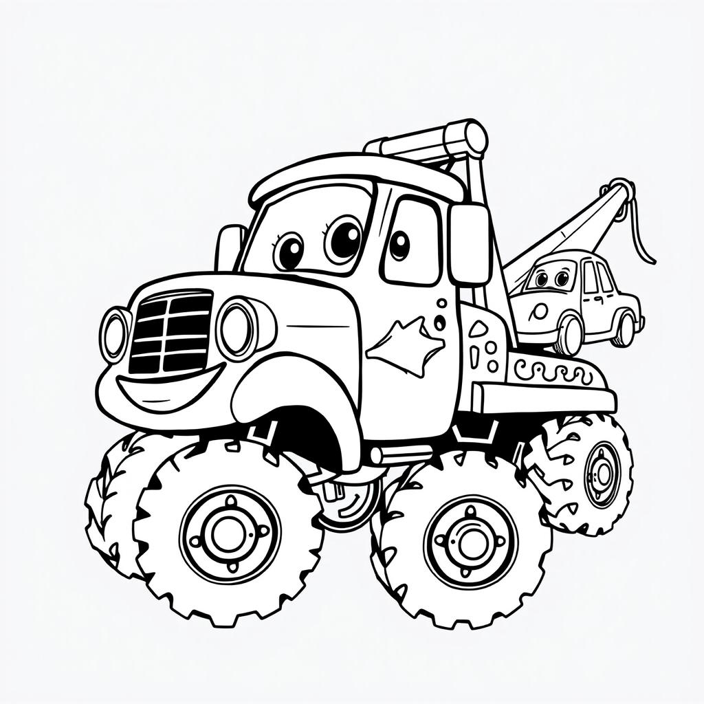 A black and white illustration of a cartoon tow truck, specially designed for a coloring book