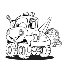 A black and white illustration of a cartoon tow truck, specially designed for a coloring book