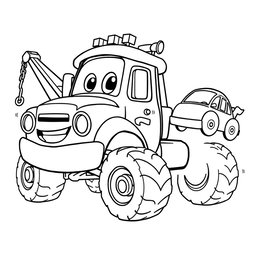 A black and white illustration of a cartoon tow truck, specially designed for a coloring book