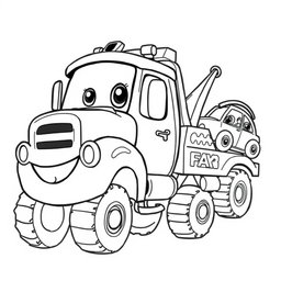 A black and white illustration of a cartoon tow truck, specially designed for a coloring book