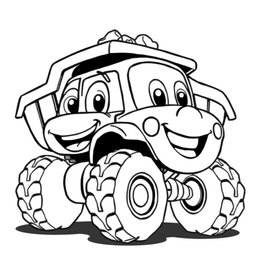 A black and white illustration of a cartoon dump truck, perfect for a coloring book