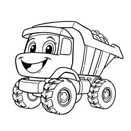 A black and white illustration of a cartoon dump truck, perfect for a coloring book