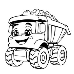 A black and white illustration of a cartoon dump truck, perfect for a coloring book