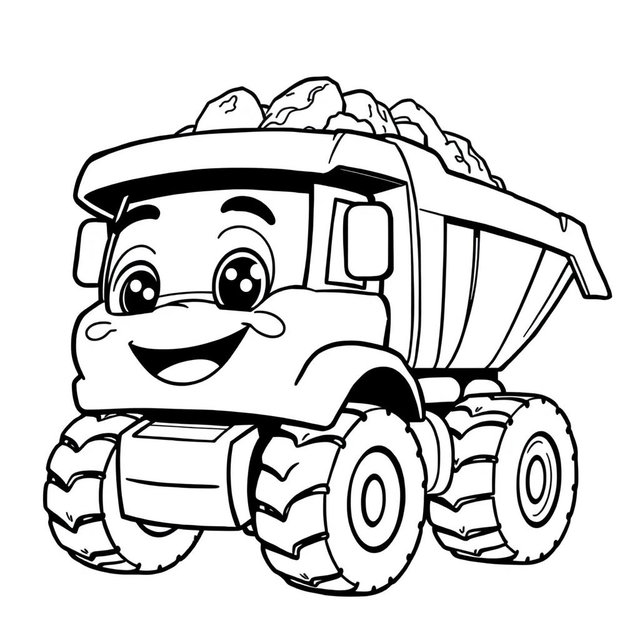 A black and white illustration of a cartoon dump truck, perfect for a coloring book