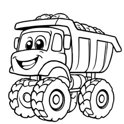 A black and white illustration of a cartoon dump truck, perfect for a coloring book
