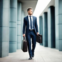 A confident, professional businessman in a sharp, tailored suit, with a briefcase in one hand and a smartphone in the other.