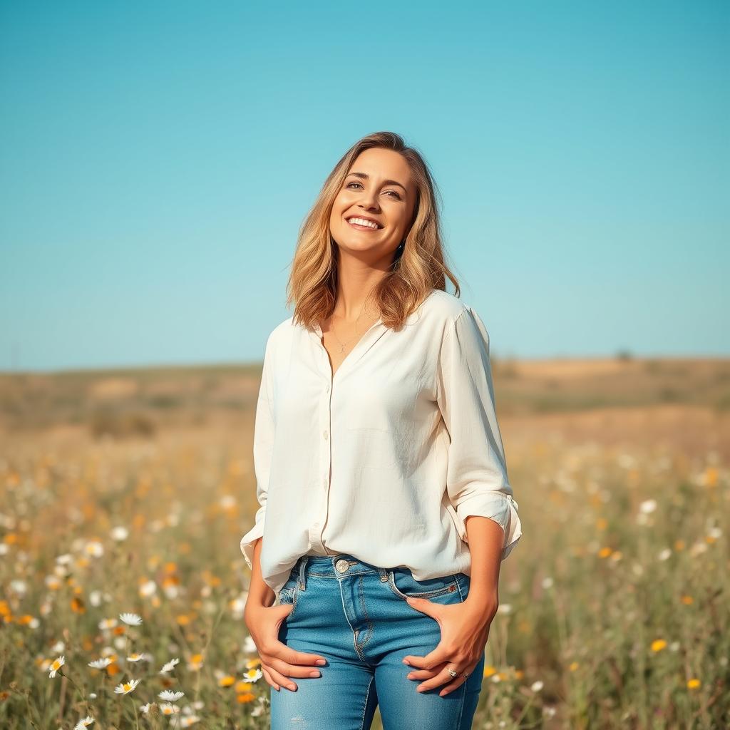 A woman standing confidently in an open field, surrounded by wildflowers under a clear blue sky