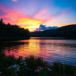 A picturesque landscape featuring a serene lake surrounded by lush green trees during sunset, with the sky painted in vibrant shades of pink, orange, and purple