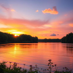 A picturesque landscape featuring a serene lake surrounded by lush green trees during sunset, with the sky painted in vibrant shades of pink, orange, and purple