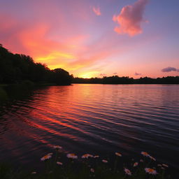 A picturesque landscape featuring a serene lake surrounded by lush green trees during sunset, with the sky painted in vibrant shades of pink, orange, and purple