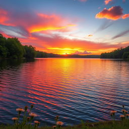 A picturesque landscape featuring a serene lake surrounded by lush green trees during sunset, with the sky painted in vibrant shades of pink, orange, and purple