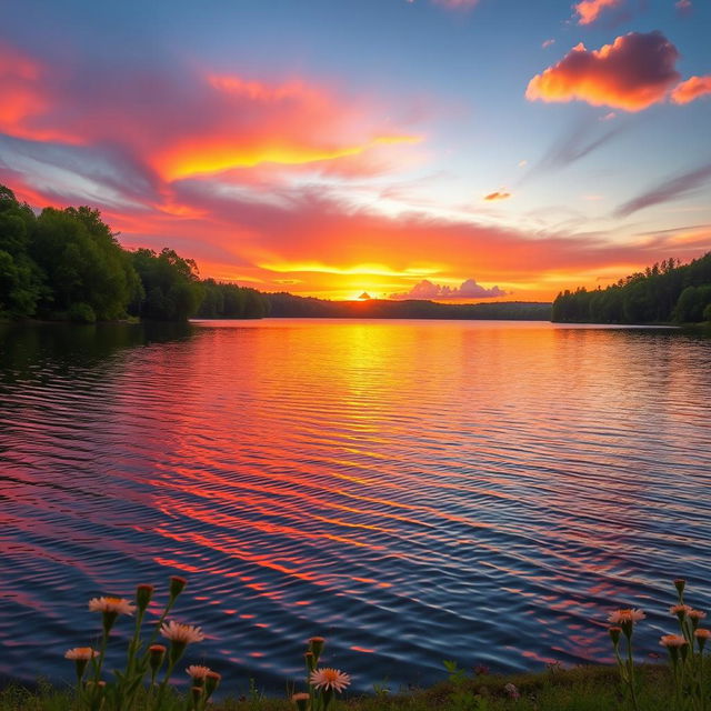 A picturesque landscape featuring a serene lake surrounded by lush green trees during sunset, with the sky painted in vibrant shades of pink, orange, and purple
