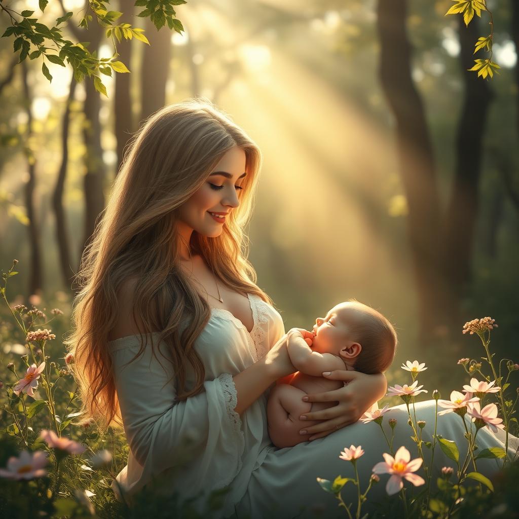 A tasteful and artistic depiction of a serene moment in nature, featuring a beautiful woman in a sunlit forest glade, gently nurturing her baby
