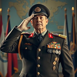 A powerful and authoritative figure dressed as a military general, showcasing a distinguished uniform adorned with various medals and insignia, exuding confidence and leadership