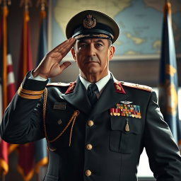 A powerful and authoritative figure dressed as a military general, showcasing a distinguished uniform adorned with various medals and insignia, exuding confidence and leadership