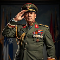 A powerful and authoritative figure dressed as a military general, showcasing a distinguished uniform adorned with various medals and insignia, exuding confidence and leadership