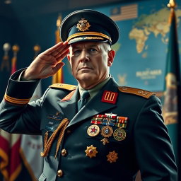 A powerful and authoritative figure dressed as a military general, showcasing a distinguished uniform adorned with various medals and insignia, exuding confidence and leadership