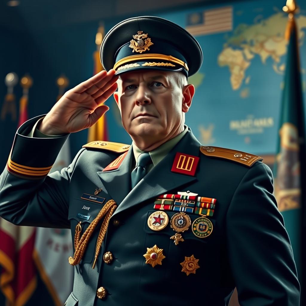 A powerful and authoritative figure dressed as a military general, showcasing a distinguished uniform adorned with various medals and insignia, exuding confidence and leadership