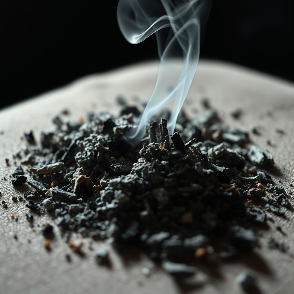A close-up of a delicate pile of ashes scattered on a soft surface, with wisps of smoke gently rising from the ashes