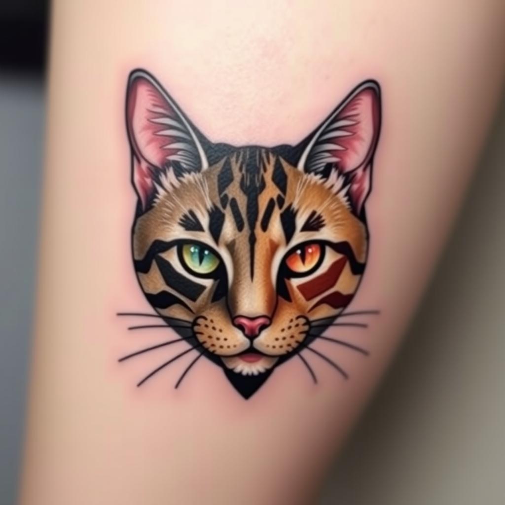 A tattoo design featuring a polygonal cat face that creatively combines the half face of one cat and the half face of another cat