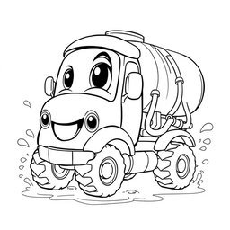 A black and white illustration of a cartoon water truck, perfect for a coloring book