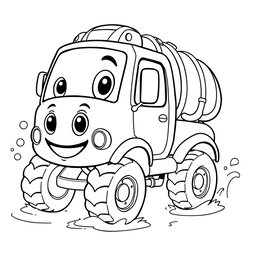 A black and white illustration of a cartoon water truck, perfect for a coloring book