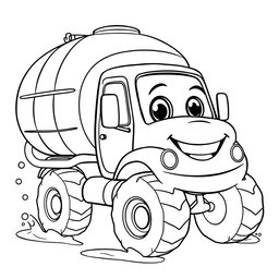 A black and white illustration of a cartoon water truck, perfect for a coloring book
