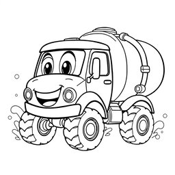 A black and white illustration of a cartoon water truck, perfect for a coloring book