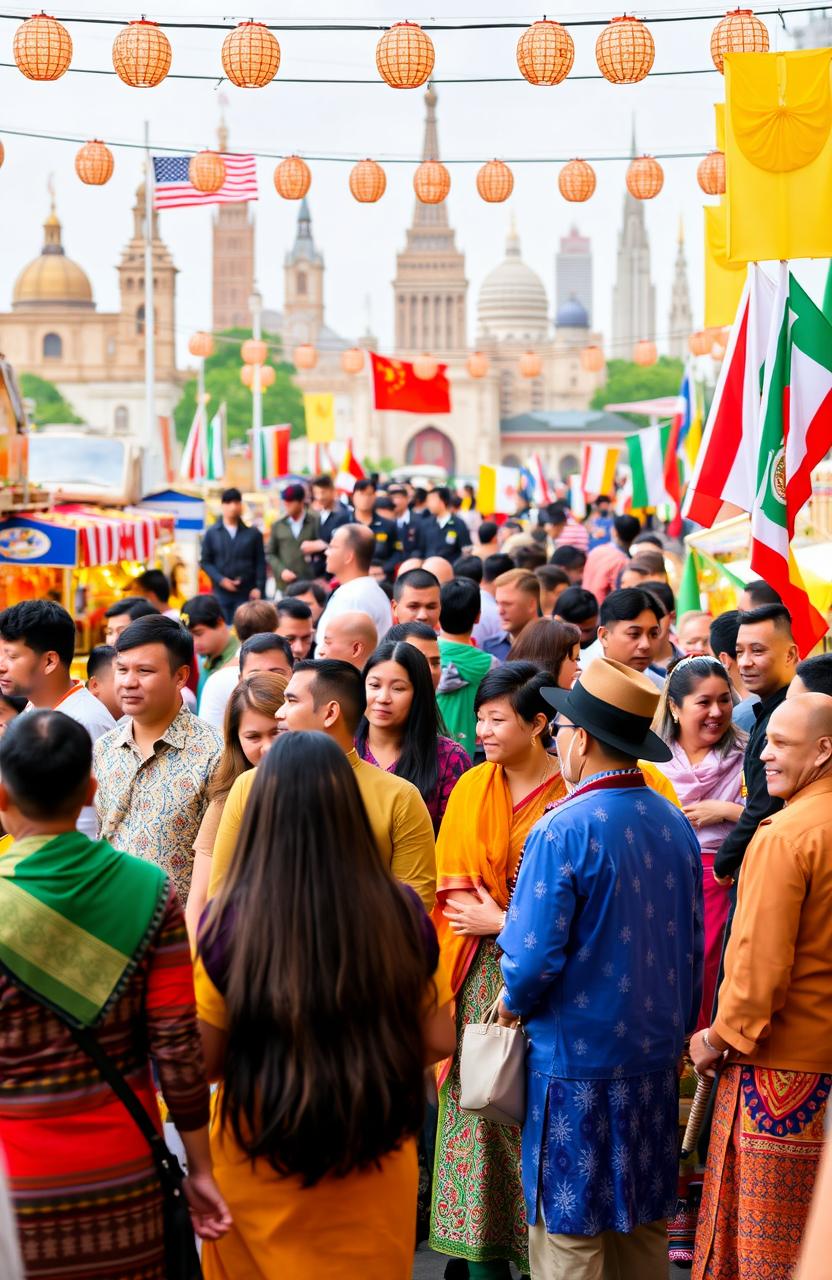 A diverse group of people from around the world gathered at a vibrant international festival celebrating immigration