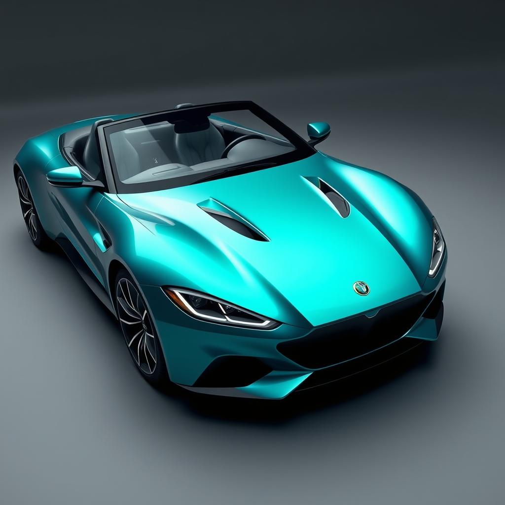 A high-end sports car in a sleek turquoise color, convertible with a luxurious design, displayed in a moody studio background