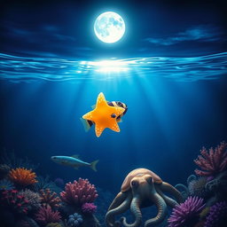 A tiny glowing sea star with adorable eyes and delicate, luminescent pearl-like rays rests gently on the back of a small fish with black stripes as they swim upwards through the deep ocean