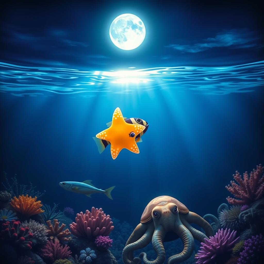 A tiny glowing sea star with adorable eyes and delicate, luminescent pearl-like rays rests gently on the back of a small fish with black stripes as they swim upwards through the deep ocean