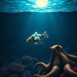 A tiny glowing sea star with adorable eyes and delicate, luminescent pearl-like rays rests gently on the back of a small fish with black stripes as they swim upwards through the deep ocean