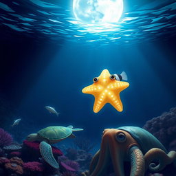 A tiny glowing sea star with adorable eyes and delicate, luminescent pearl-like rays rests gently on the back of a small fish with black stripes as they swim upwards through the deep ocean