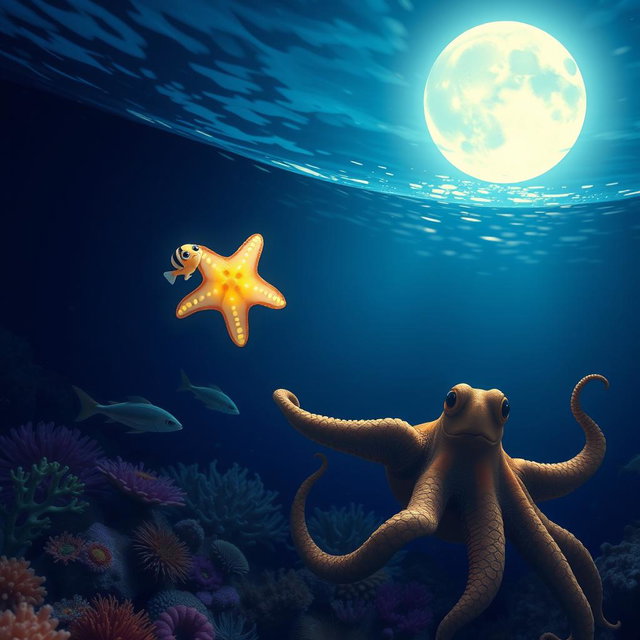 A tiny glowing sea star with adorable eyes and delicate, luminescent pearl-like rays rests gently on the back of a small fish with black stripes as they swim upwards through the deep ocean