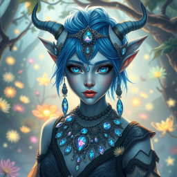 An androgynous changeling druid, characterized by their vibrant blue and white colors, adorned with intricate holographic jewelry that shimmers with a spectrum of colors