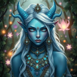 An androgynous changeling druid, characterized by their vibrant blue and white colors, adorned with intricate holographic jewelry that shimmers with a spectrum of colors