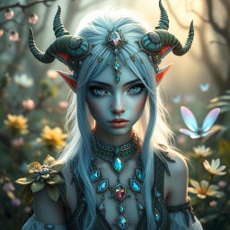 An androgynous changeling druid, characterized by their vibrant blue and white colors, adorned with intricate holographic jewelry that shimmers with a spectrum of colors