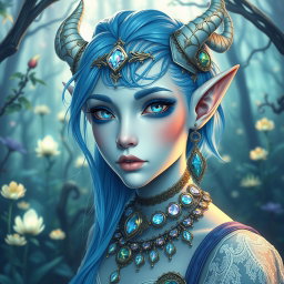 An androgynous changeling druid, characterized by their vibrant blue and white colors, adorned with intricate holographic jewelry that shimmers with a spectrum of colors