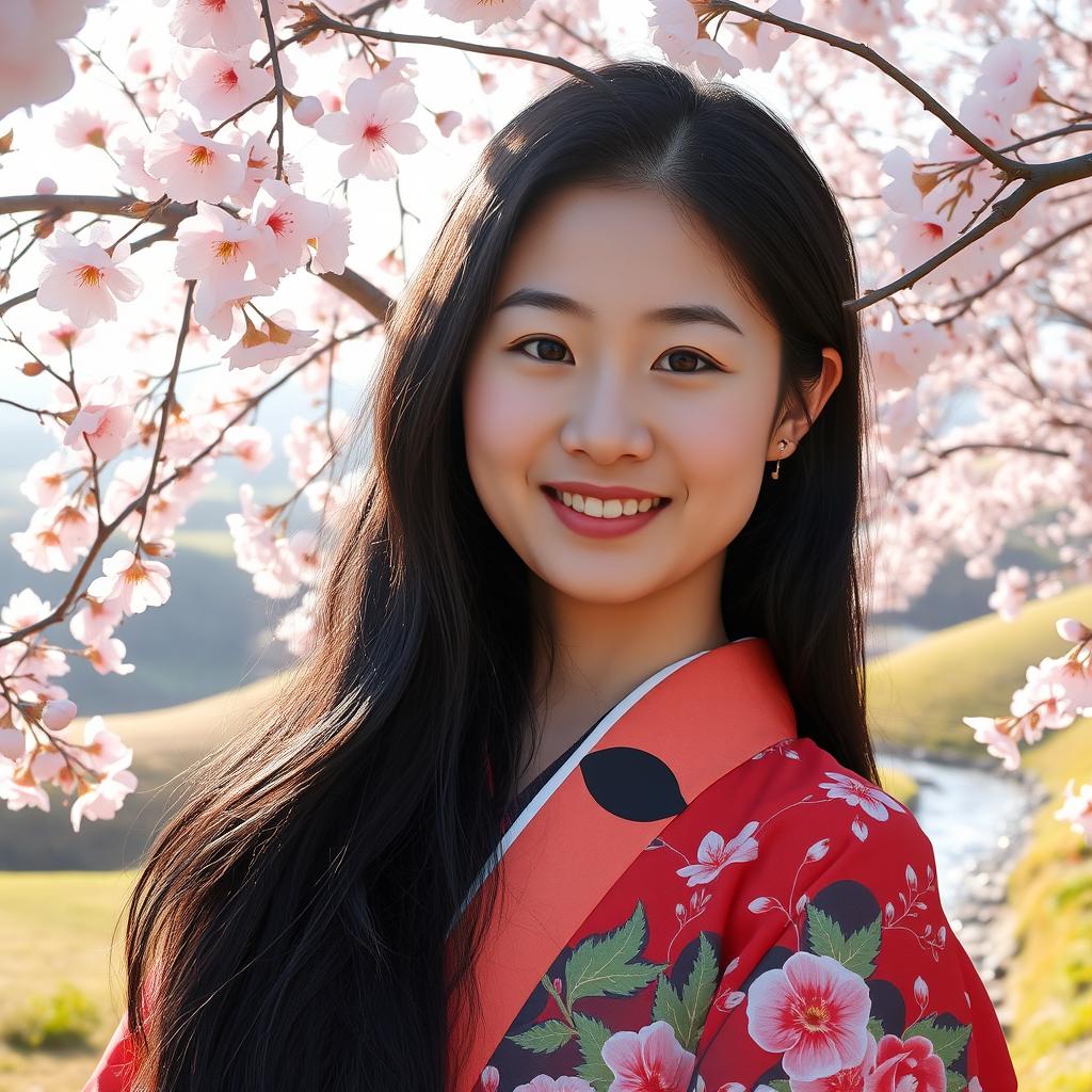 A portrait of an Asian woman with a warm smile, her long black hair cascading over her shoulders