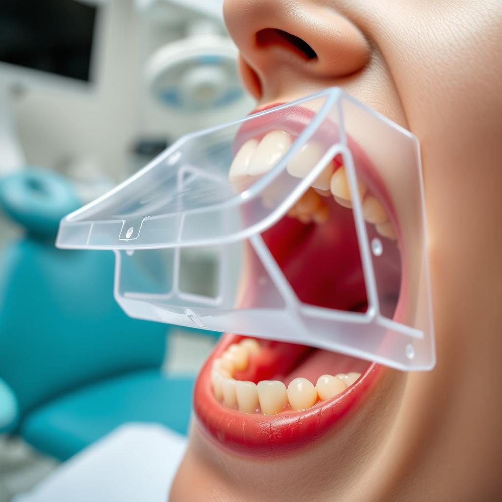 A dental impression tray that appears oversized compared to a patient's mouth, showcasing the contrast between the tray's large size and the smaller opening of the patient's mouth