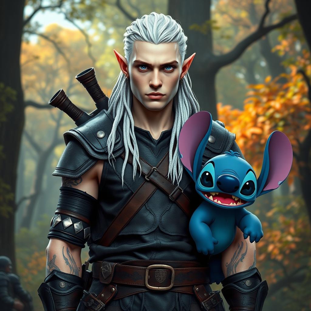 A male elf battle ranger standing straight in dark leather armor, showcasing his readiness for adventure
