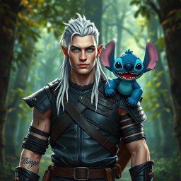 A male elf battle ranger standing straight in dark leather armor, showcasing his readiness for adventure
